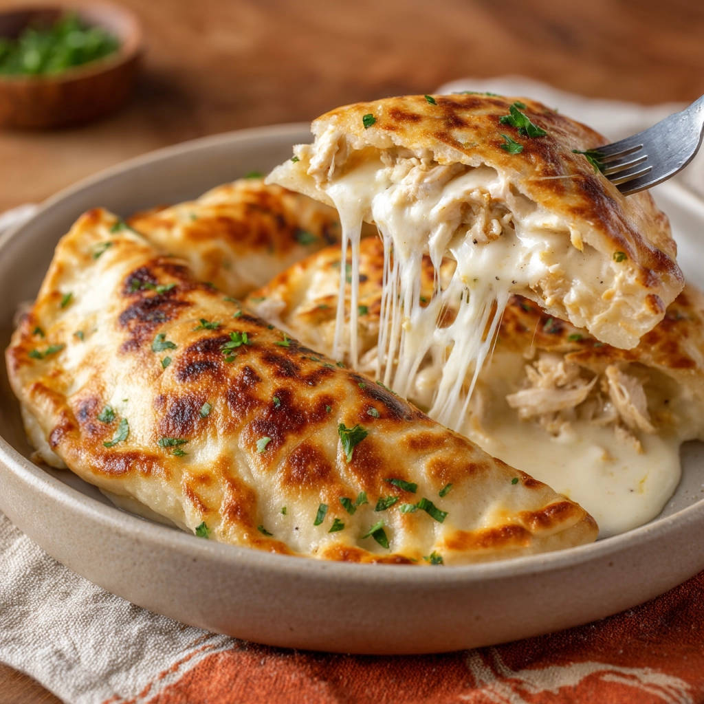 Creamy chicken empanadas with a golden crust, showcasing a fork pulling apart to reveal a gooey, stretchy cheese filling.