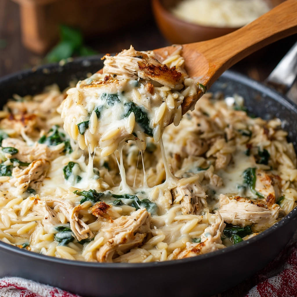 Creamy chicken and orzo with a cheesy pull, showcasing the melted cheese and tender pasta in a close-up view.