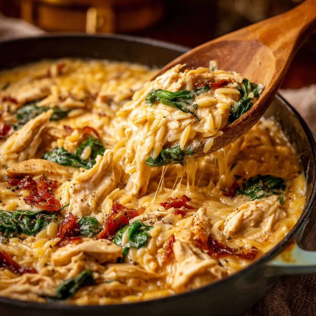 Creamy chicken and orzo dish being lifted with a wooden spoon, showing melted cheese and spinach.