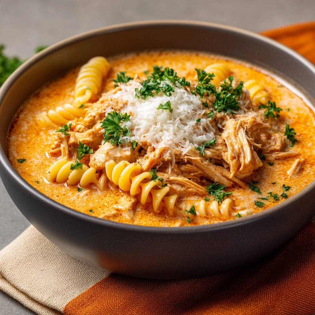 Creamy chicken pasta soup with rotini noodles, shredded chicken, and a fresh parsley garnish in a dark bowl.