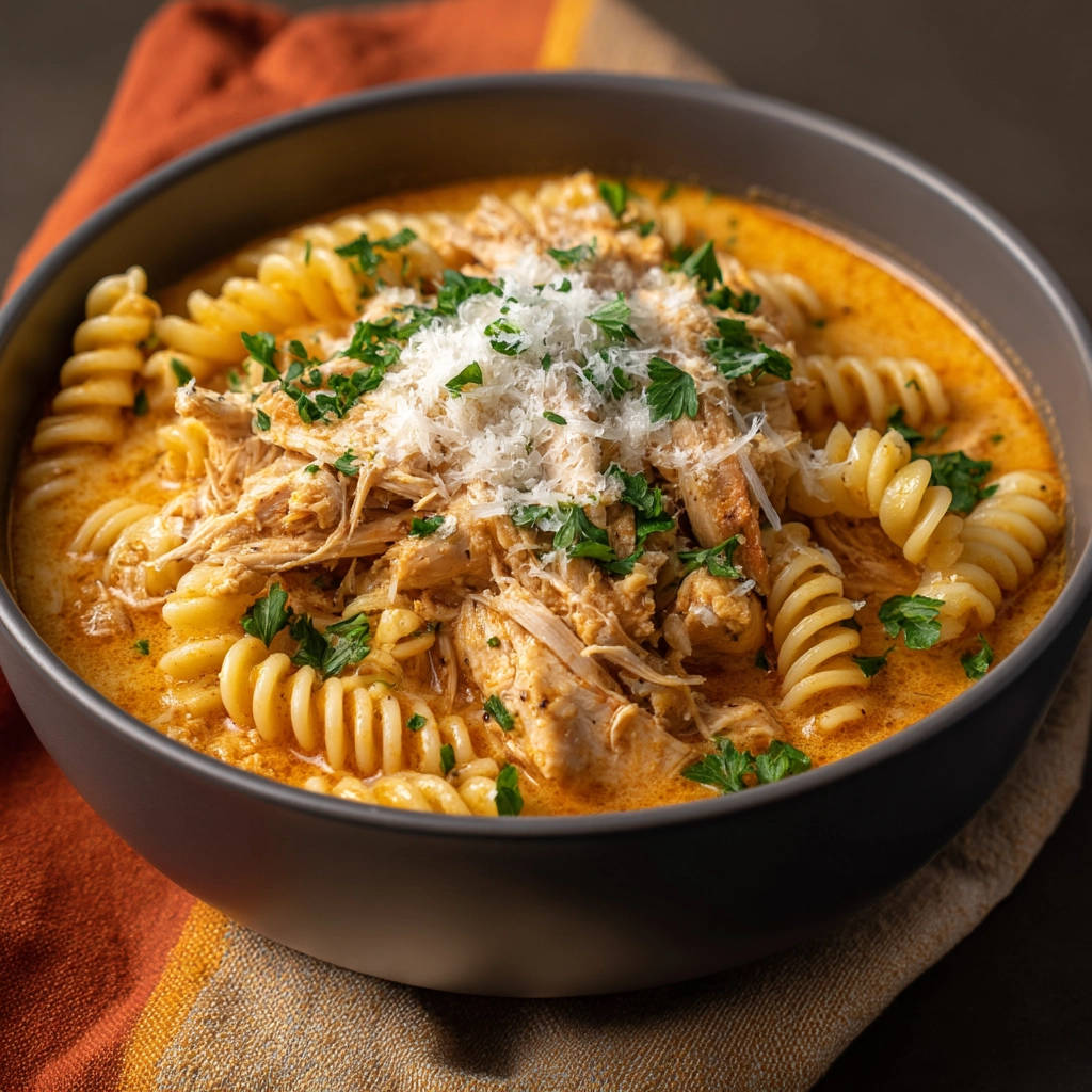 Creamy chicken pasta soup with rotini pasta, shredded chicken, and a fresh parsley and parmesan garnish.
