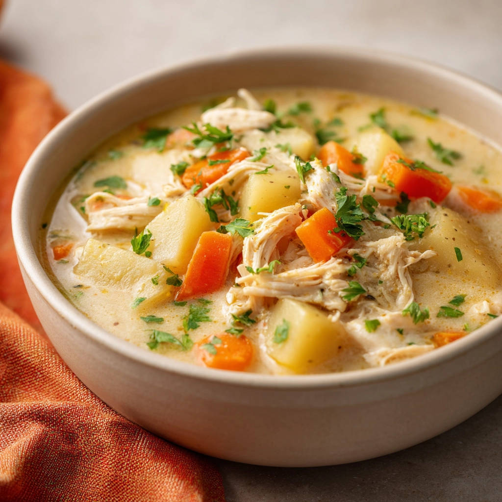 Creamy chicken potato soup in a rustic bowl, showcasing tender chicken, carrots, and potatoes with fresh parsley garnish.