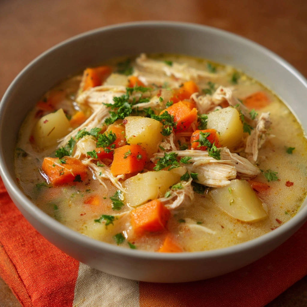 Creamy chicken potato soup shown in a close-up bowl with visible carrots, potatoes, and parsley garnish.
