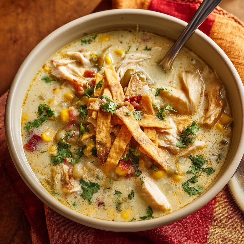 Creamy chicken soup that's never watery, garnished with crispy tortilla strips and fresh cilantro.
