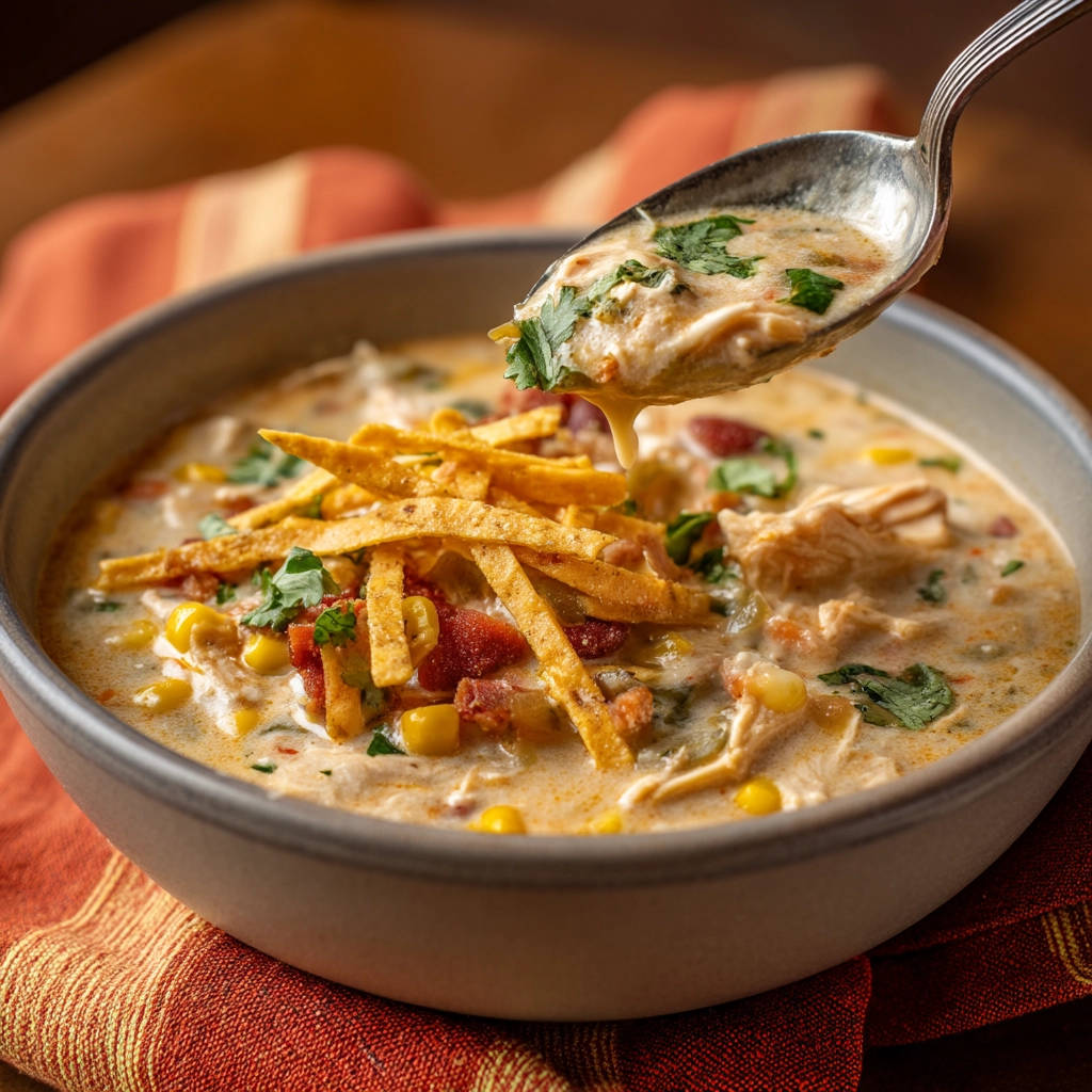 Creamy chicken soup that's never watery, with a spoonful being lifted to show shredded chicken and garnishes.