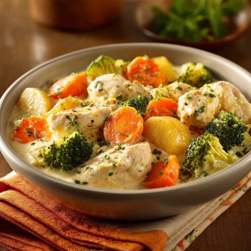 Creamy chicken and vegetables in a bowl, featuring broccoli, carrots, and potatoes in a rich sauce.