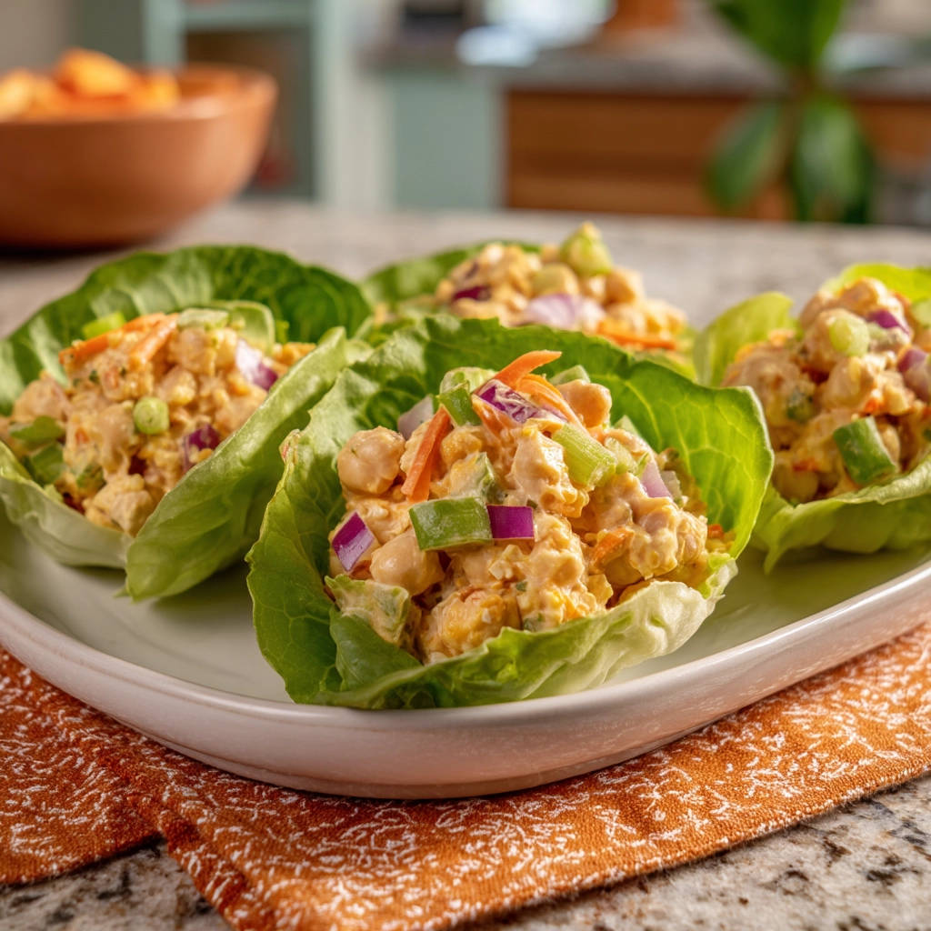 Creamy chickpea salad wraps nestled in fresh lettuce cups, showcasing a vibrant mix of ingredients.
