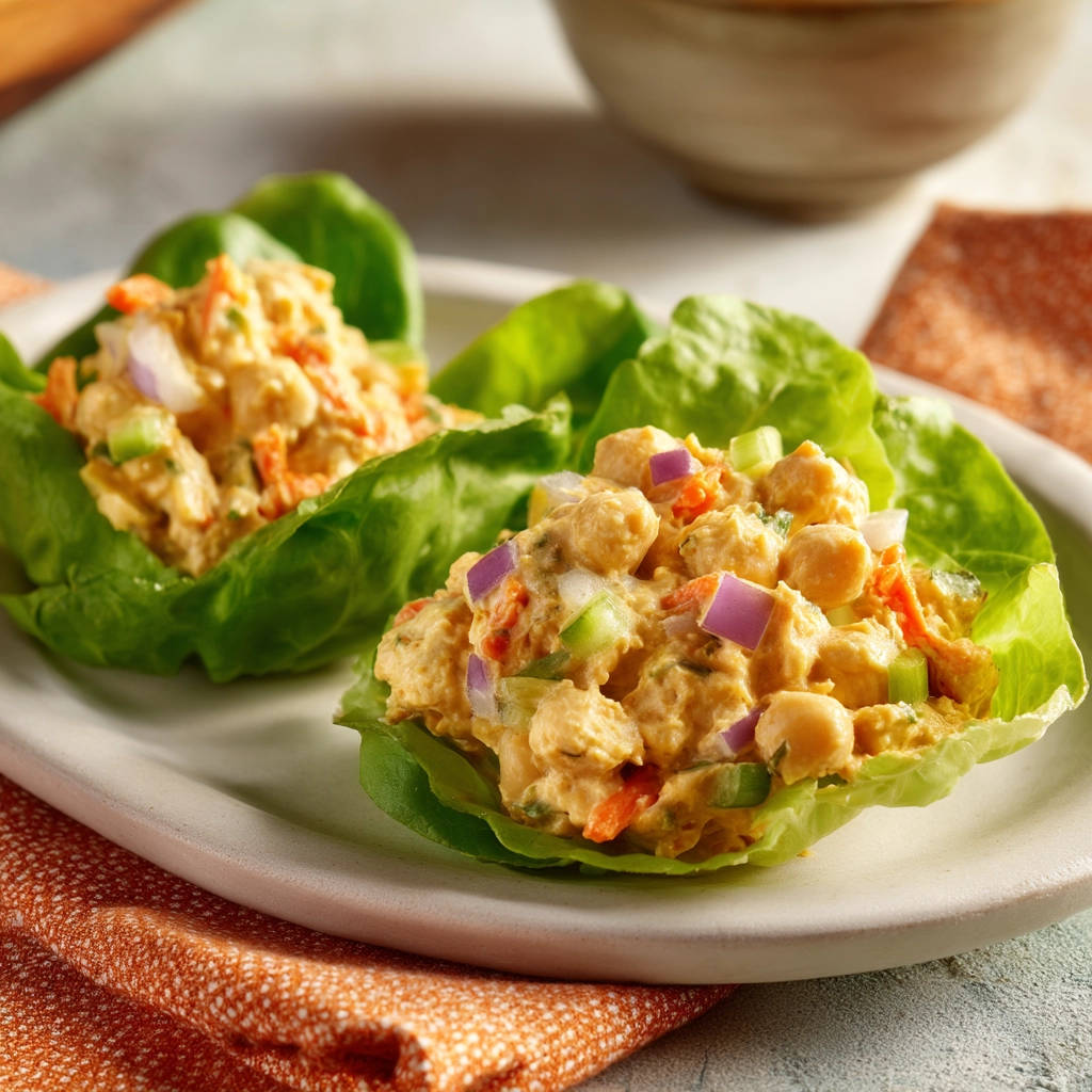 Creamy chickpea salad wraps served in fresh lettuce cups on a white plate, showcasing the colorful filling.
