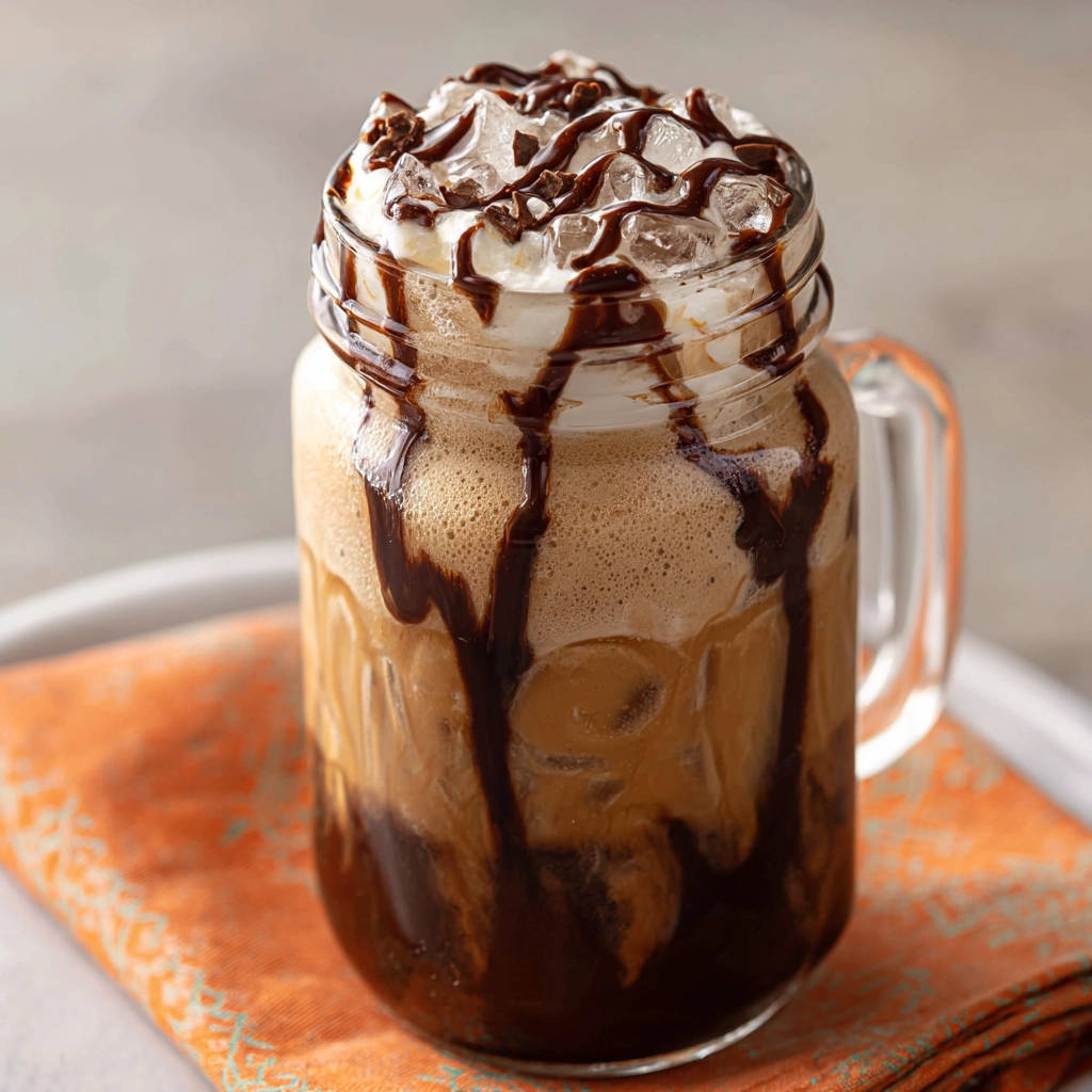 Creamy copycat iced coffee with chocolate drizzle and whipped cream, served in a layered mason jar with ice.