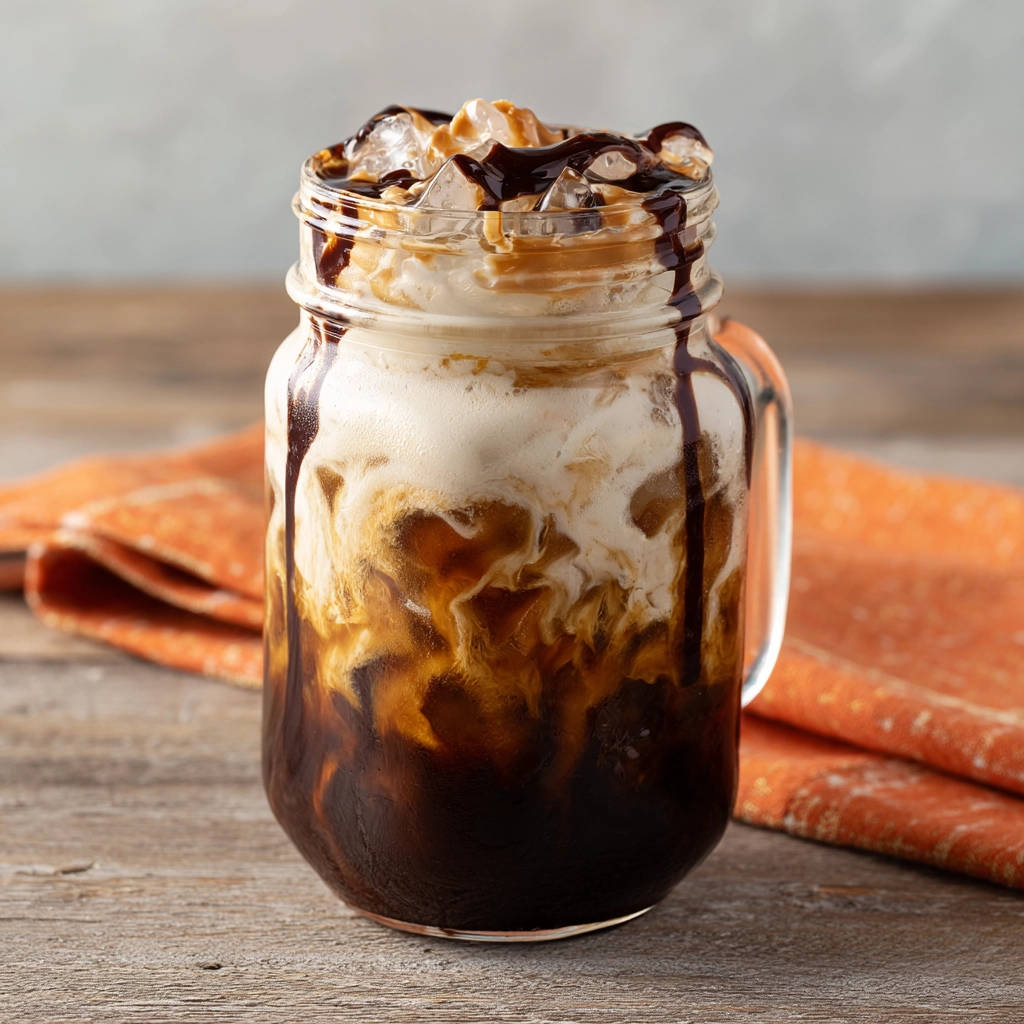 Creamy copycat iced coffee with visible layers and chocolate drizzle in a mason jar.
