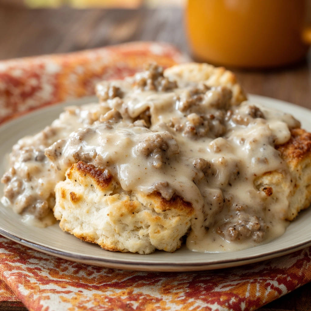 Creamy country gravy generously poured over fluffy biscuits on a plate, showcasing a hearty breakfast.