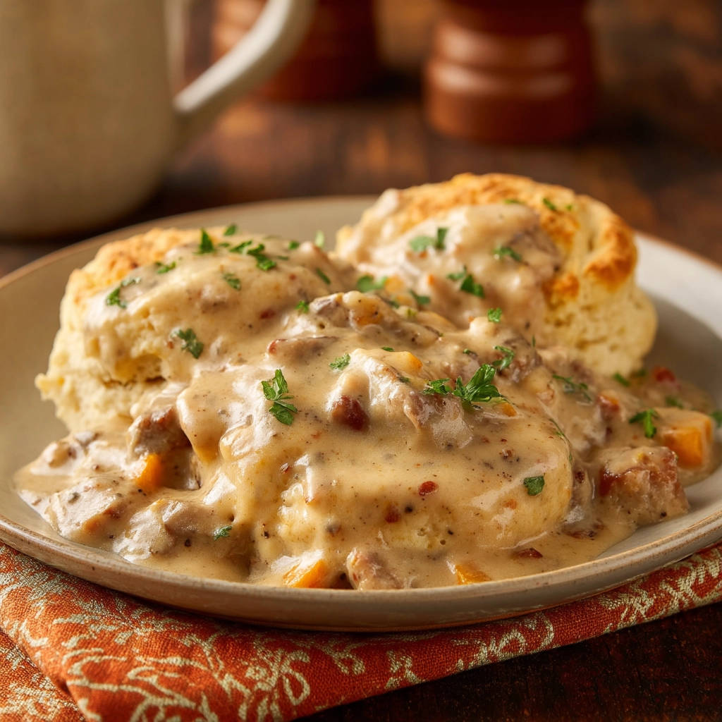 Creamy country gravy served over flaky biscuits, garnished with fresh parsley, a comforting breakfast dish.
