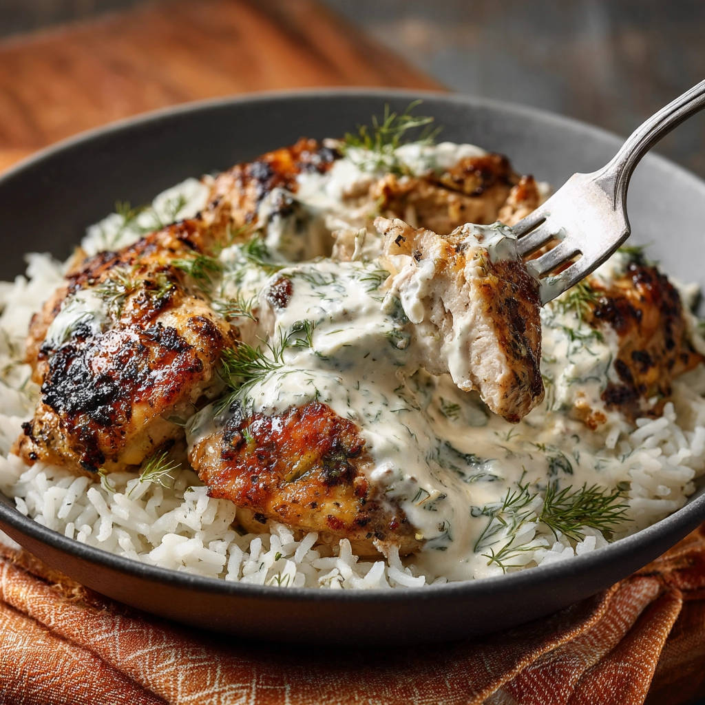 Creamy dill chicken with rice shown in a close-up with a fork lifting a piece of chicken with sauce.