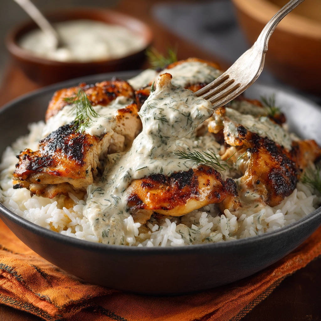 Creamy dill chicken with rice, with a forkful of the chicken and creamy dill sauce being lifted from the bowl.