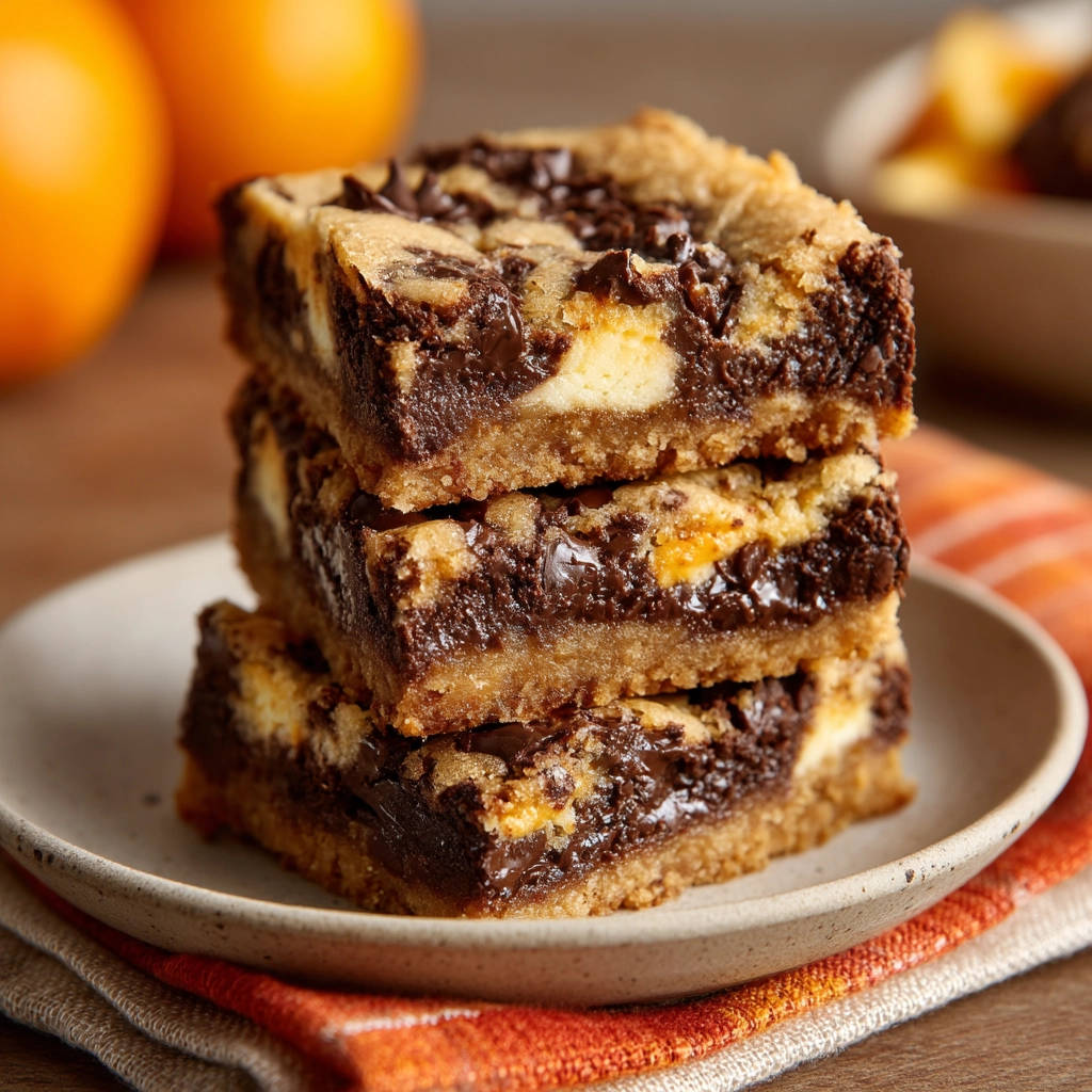Creamy layered chocolate chip cheesecake brownie bars stacked on a plate, showing a delicious cross-section of the rich chocolate and cookie layers.