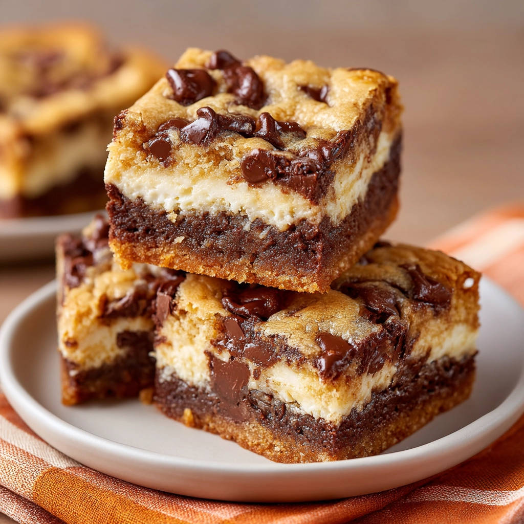 Creamy layered chocolate chip cheesecake brownie bars stacked in a close-up view, showcasing their rich chocolate and cream layers.