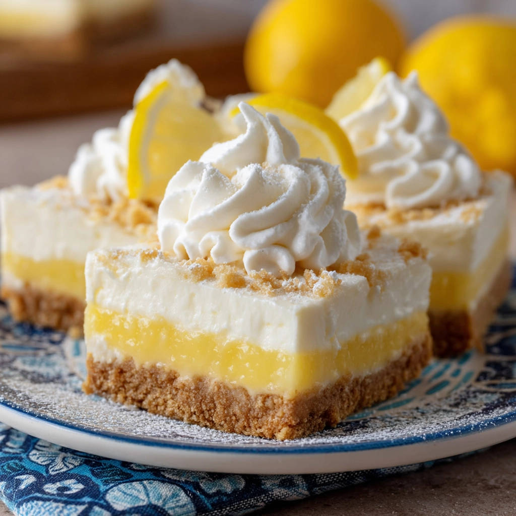 Creamy lemon layer bars that set perfectly, shown in a close-up view of a cross-section revealing the distinct layers.