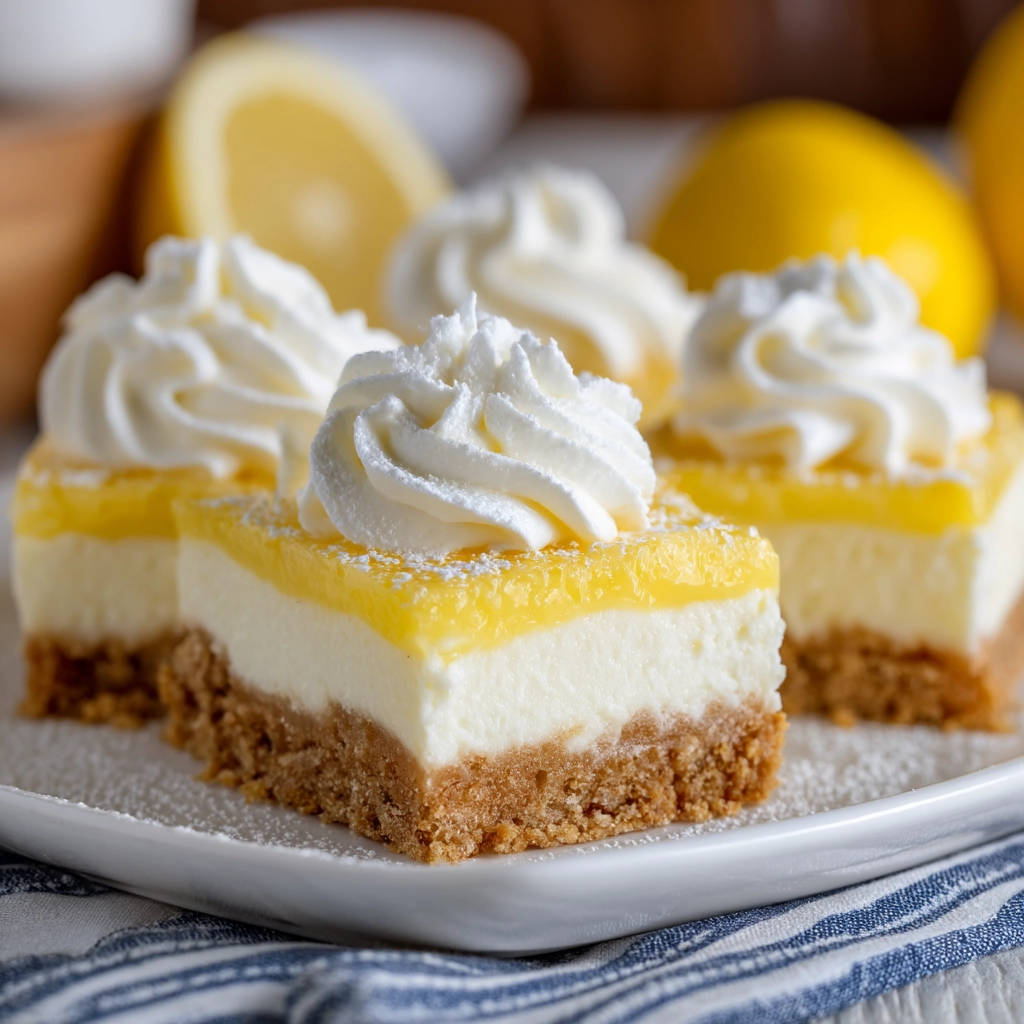 Creamy lemon layer bars with a perfect graham cracker crust and topped with swirls of whipped cream.