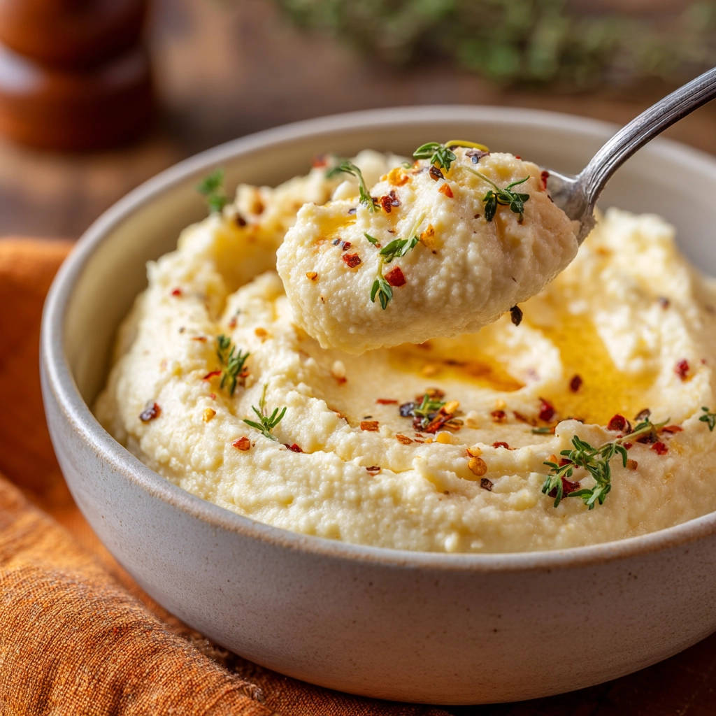 Creamy mashed cauliflower, a spoonful lifted showing its smooth texture and chili flake garnish.
