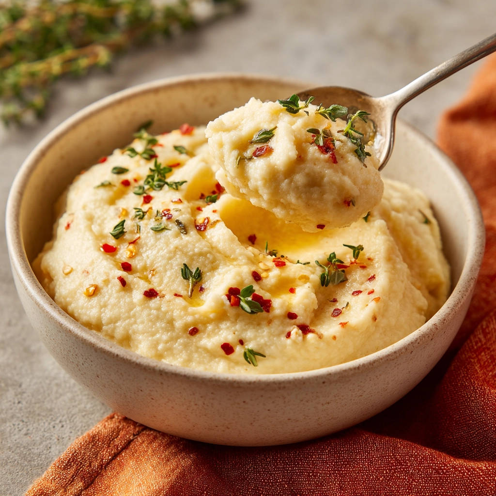 Creamy mashed cauliflower that's never watery shown with a spoonful being lifted, garnished with thyme and chili flakes.