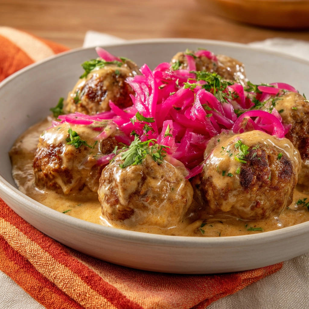 Creamy meatballs generously covered in sauce and topped with bright pink pickled onions and fresh parsley.