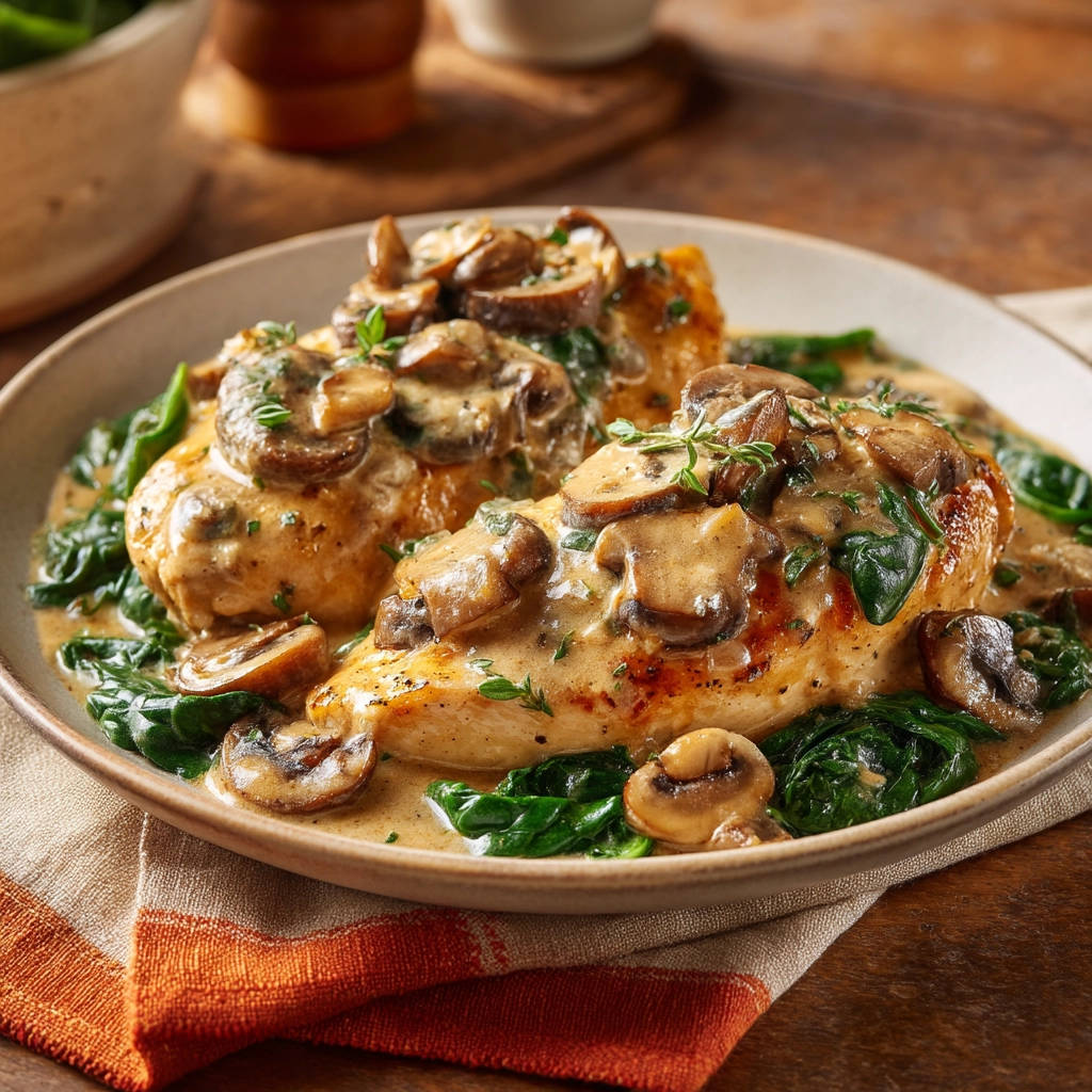 Creamy mushroom chicken plated with a rich sauce and fresh spinach, close-up view.