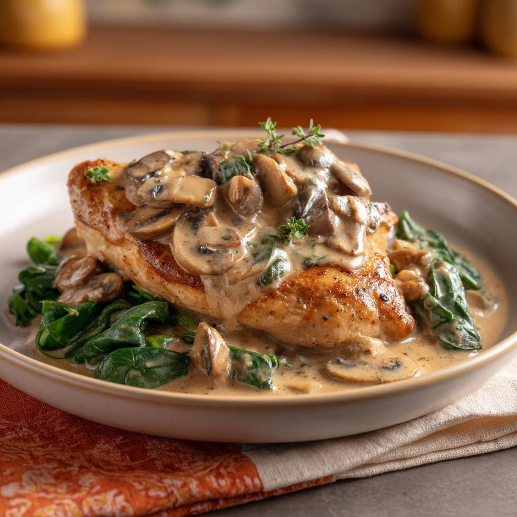 Creamy mushroom chicken served plated with wilted spinach and a rich mushroom sauce.