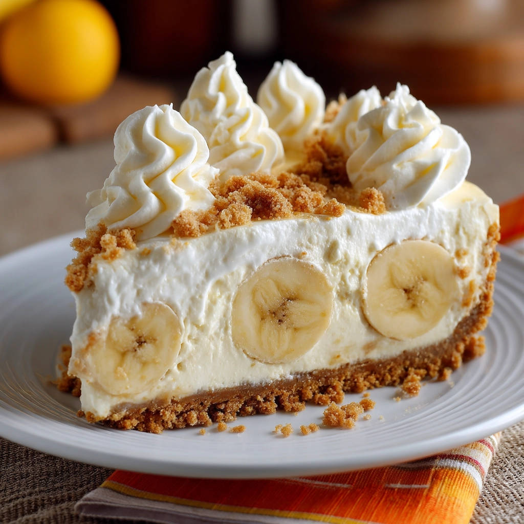 Creamy no-bake banana pie served as a plated slice with whipped cream and banana slices visible in the cross-section.