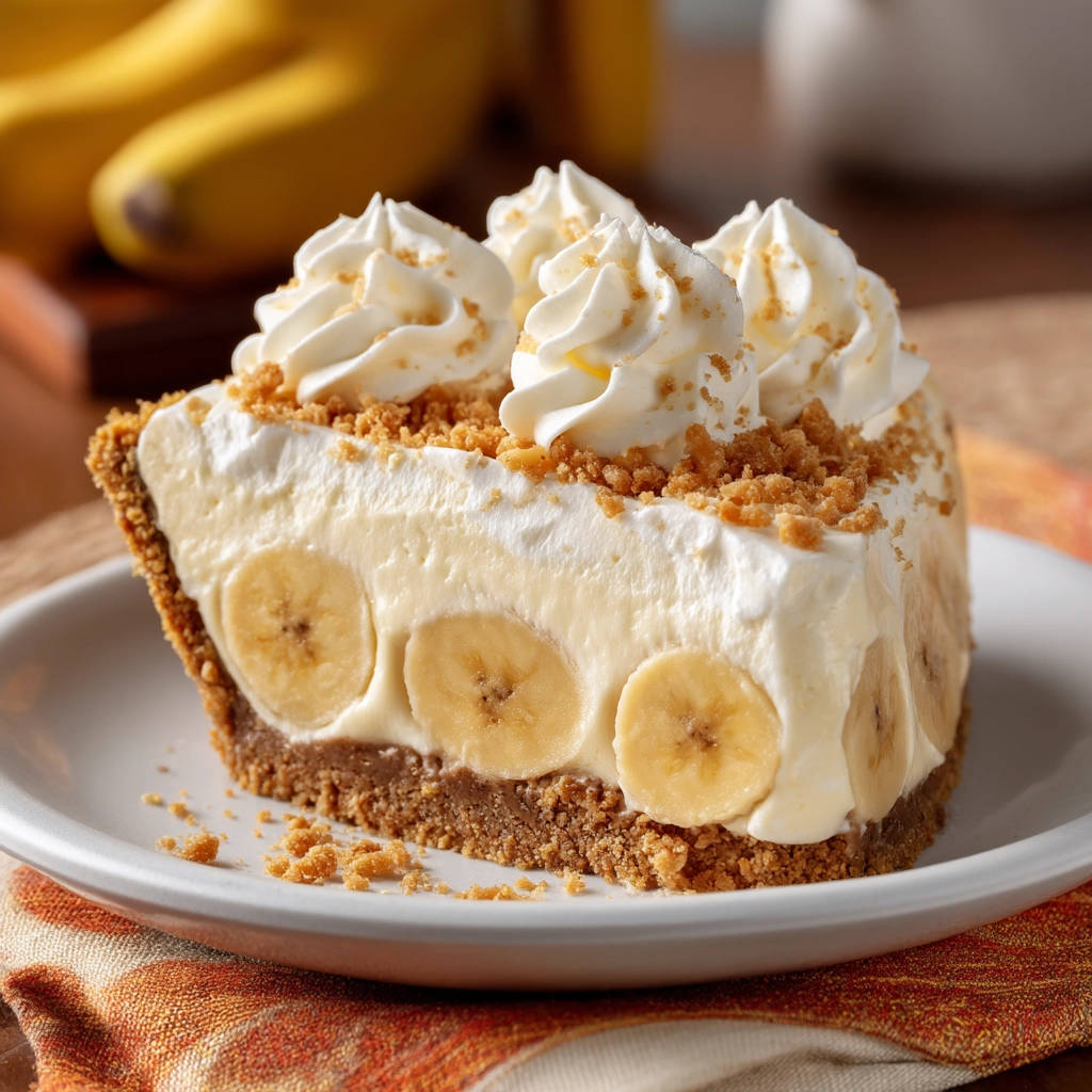 Creamy no-bake banana pie slice showing fresh banana slices and whipped cream topping on a crumb crust.