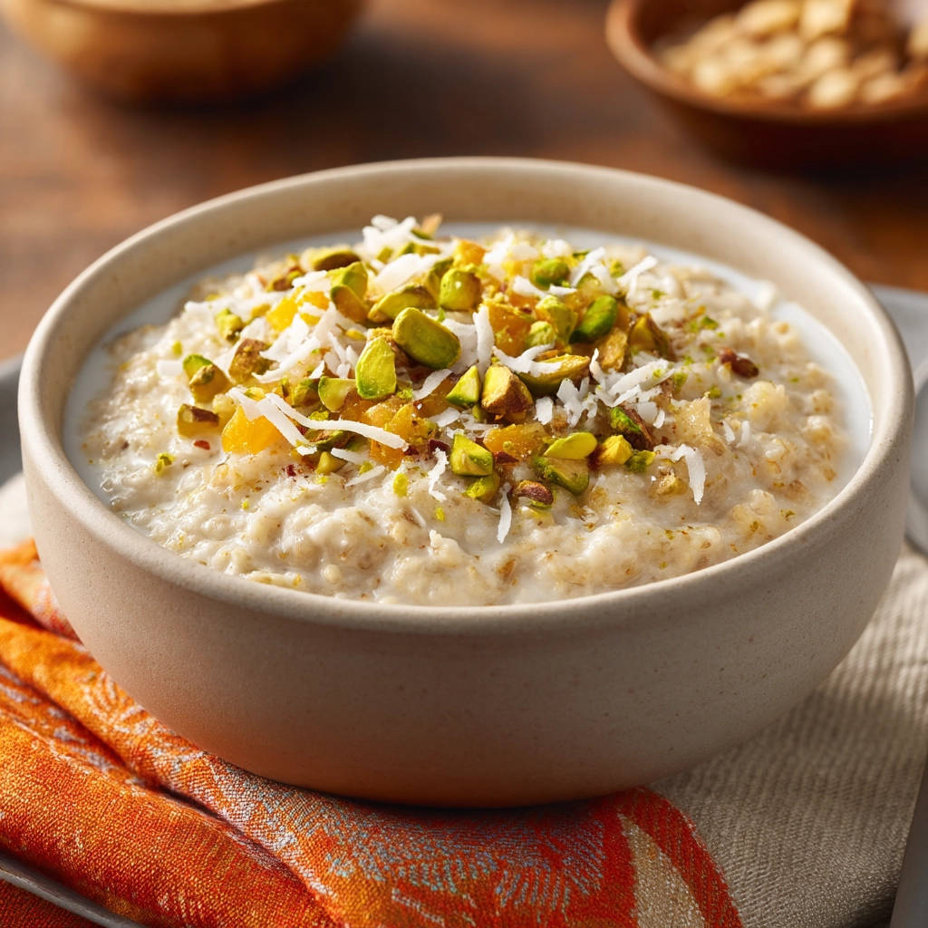 Creamy oatmeal garnished with pistachios and coconut, shown in a close-up bowl view.