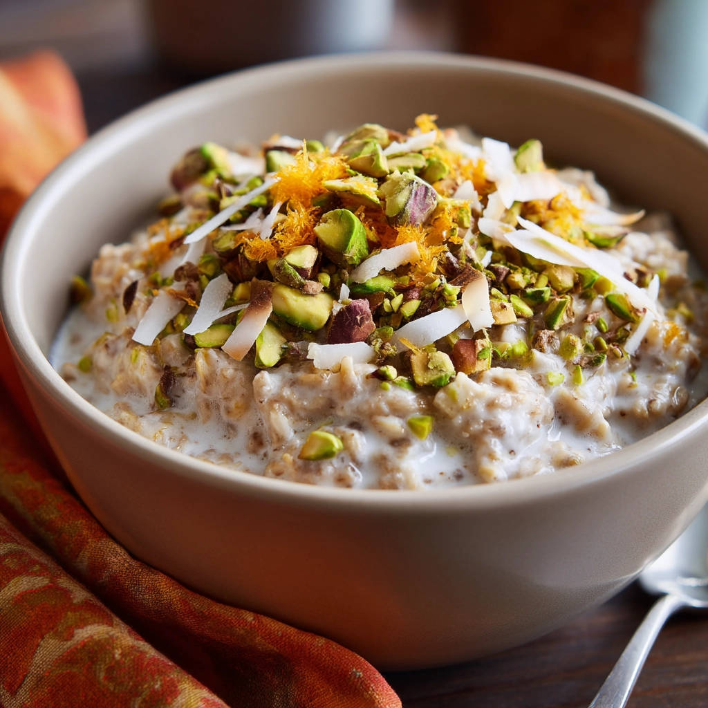 Creamy oatmeal garnished with chopped pistachios, shredded coconut, and orange zest in a bowl.