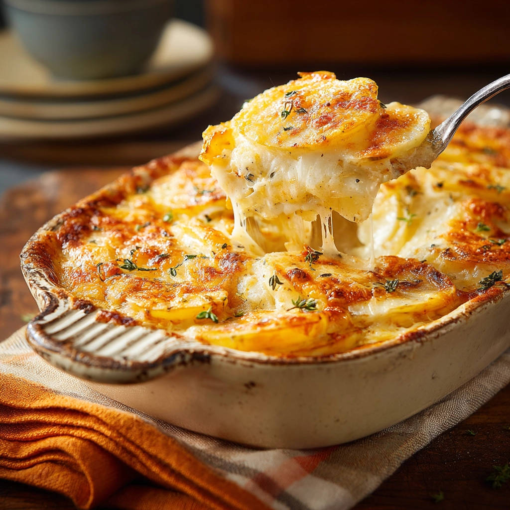 Creamy potato gratin with a fork lifting a cheesy, layered slice, showcasing its gooey interior.