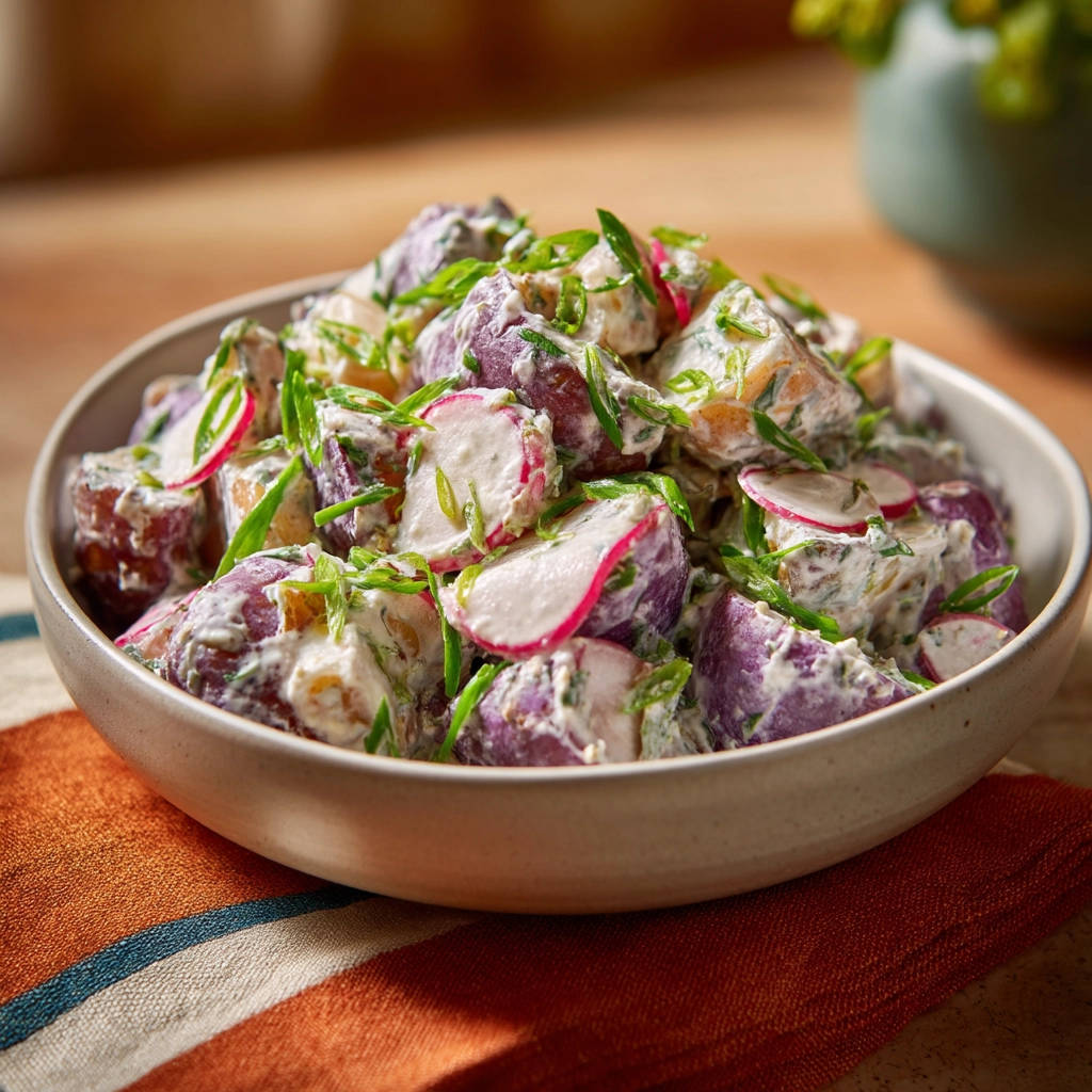 Creamy purple potato salad in a bowl, featuring colorful radishes and green onions, presented in a close-up view.