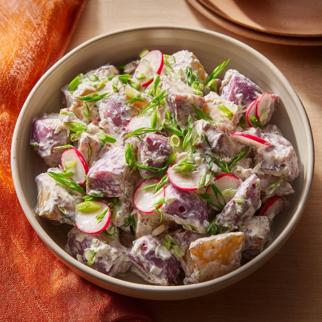 Creamy purple potato salad with radishes and green onions in a bowl, viewed from above.