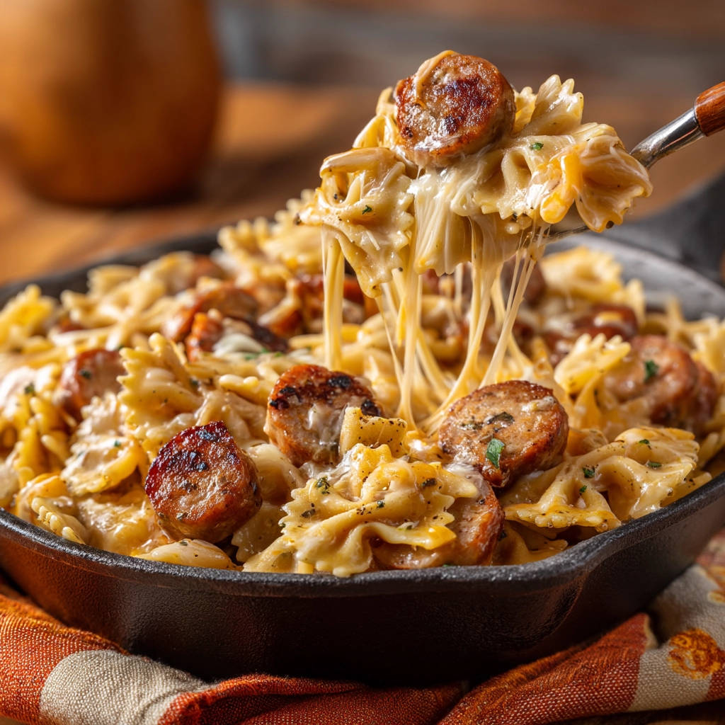 Creamy sausage bow-ties with a generous cheese pull being lifted from a cast iron skillet.
