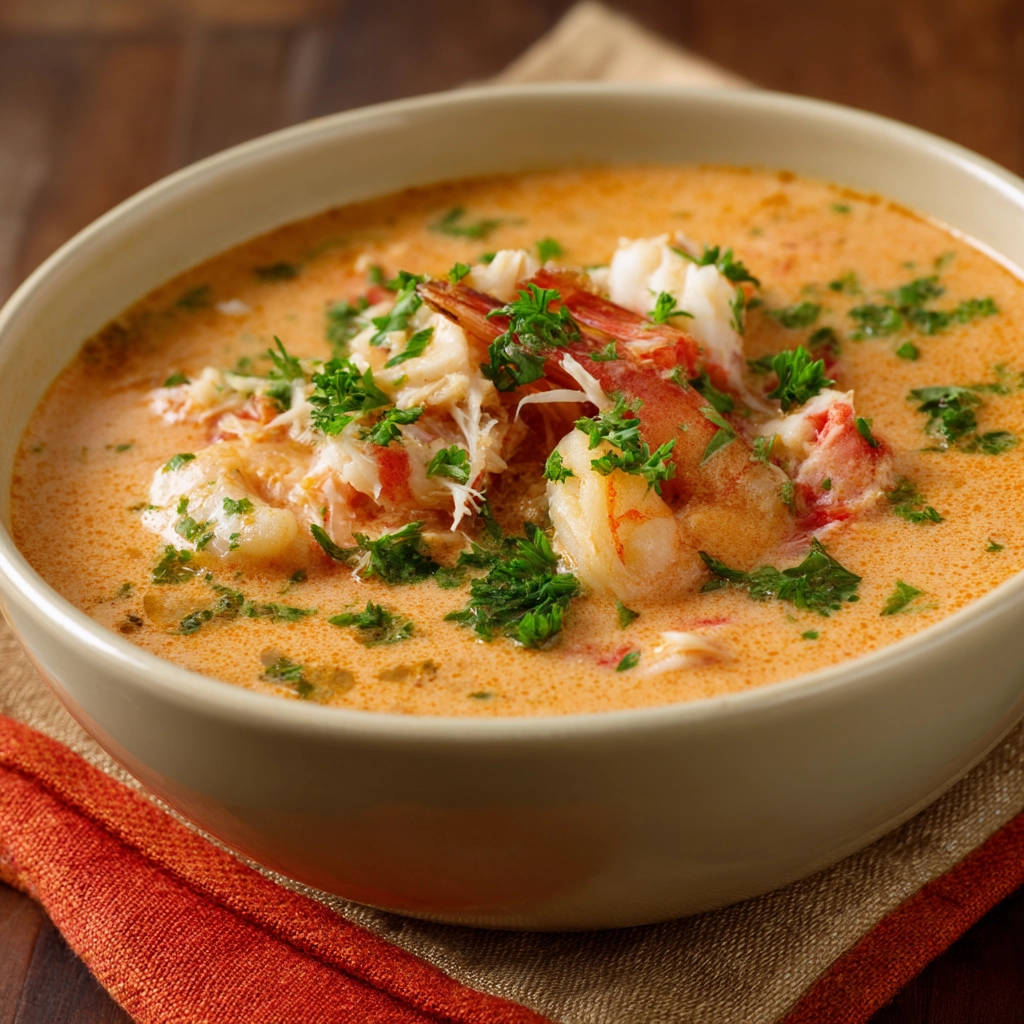Creamy seafood soup with tender shrimp and a fresh parsley garnish, shown up close.