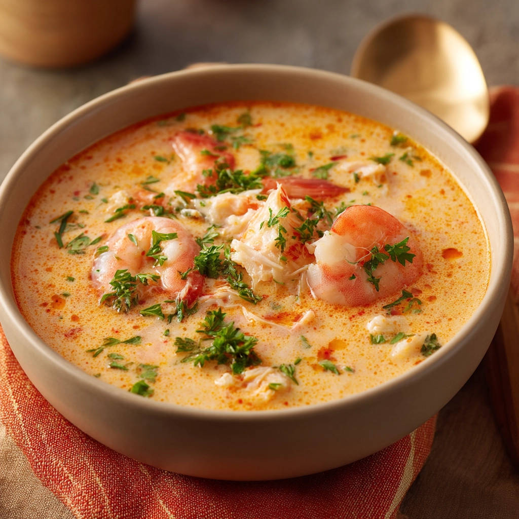 Creamy seafood soup with tender shrimp and fresh parsley garnish, a close-up view.