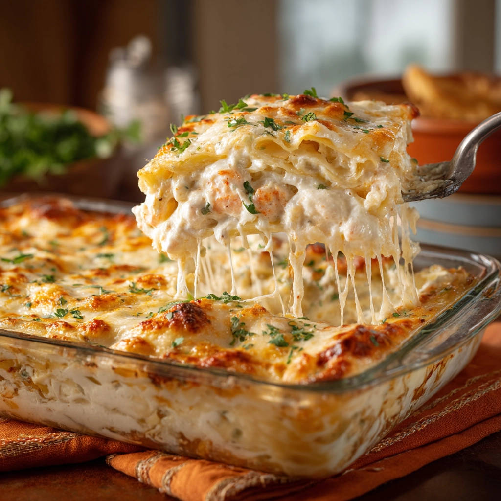 Creamy shrimp pasta bake with a slice being lifted, showing gooey melted cheese strands.