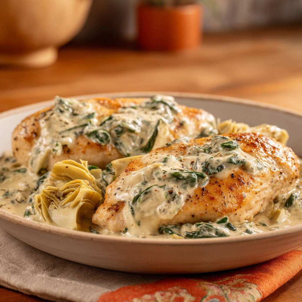 Amazing Creamy Spinach Artichoke Chicken served with a rich, creamy sauce and artichoke hearts.
