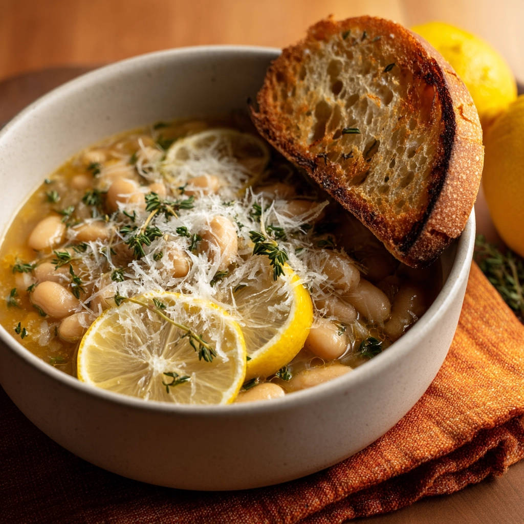 Creamy white bean soup garnished with fresh lemon slices, thyme, and grated cheese, served with crusty bread.