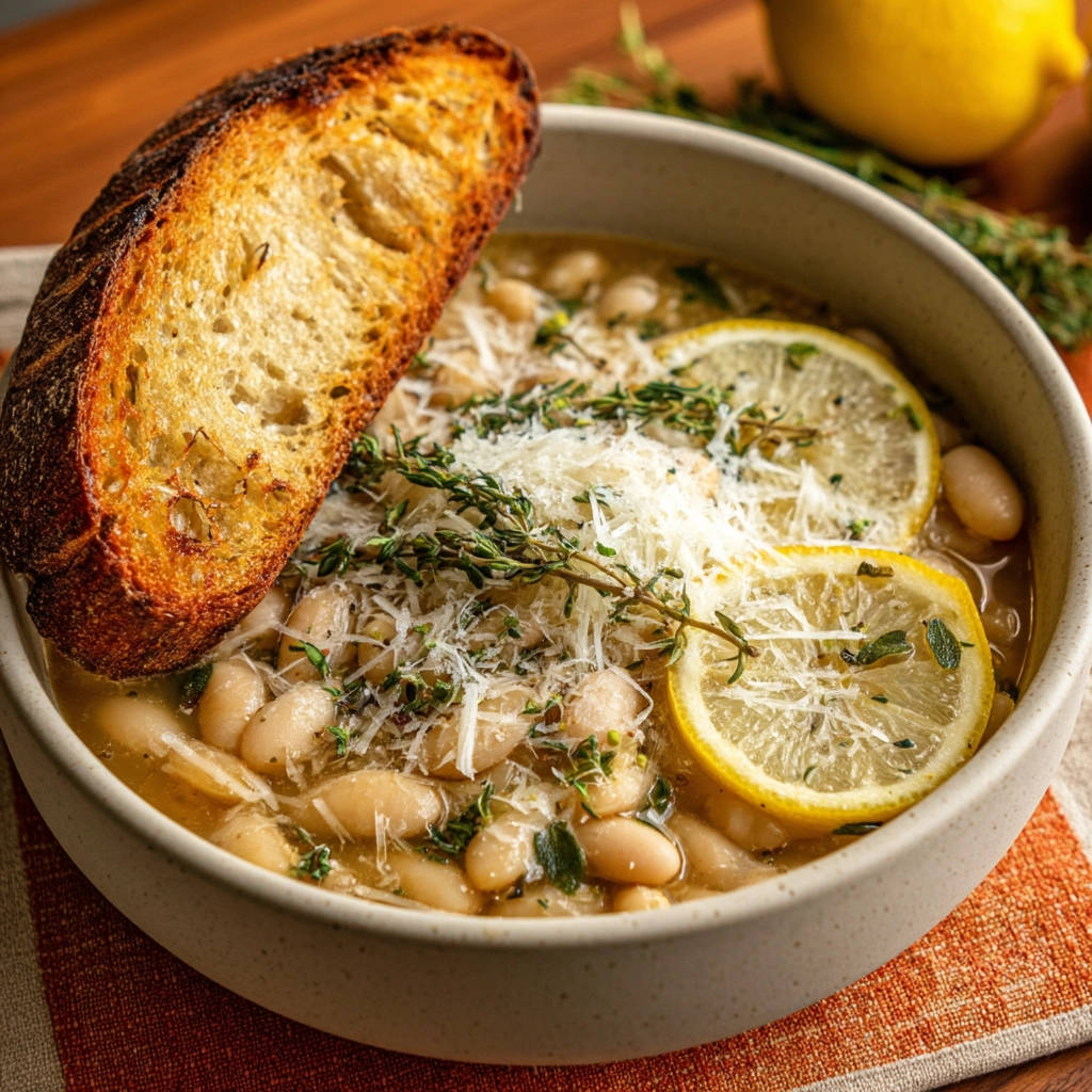 Creamy white bean soup served with a slice of toasted bread, garnished with herbs and lemon slices.