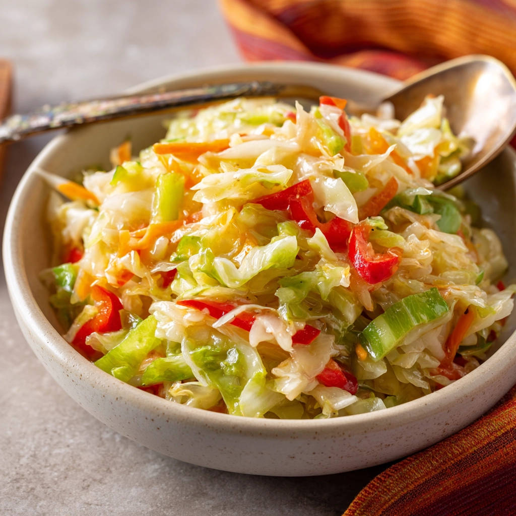 Crisp and colorful slaw served in a close-up view of a bowl with a spoon.