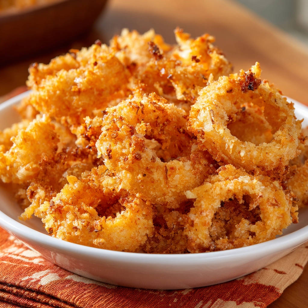 Crispy baked onion rings shown in a close-up view highlighting their golden-brown, textured coating.