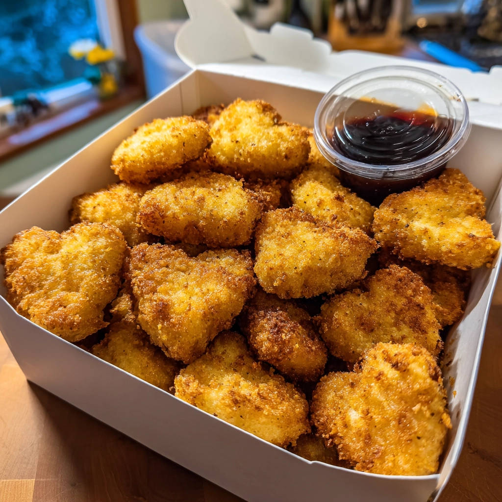 Crispy chicken nuggets shaped like hearts are presented in a white takeout box with a dipping sauce.