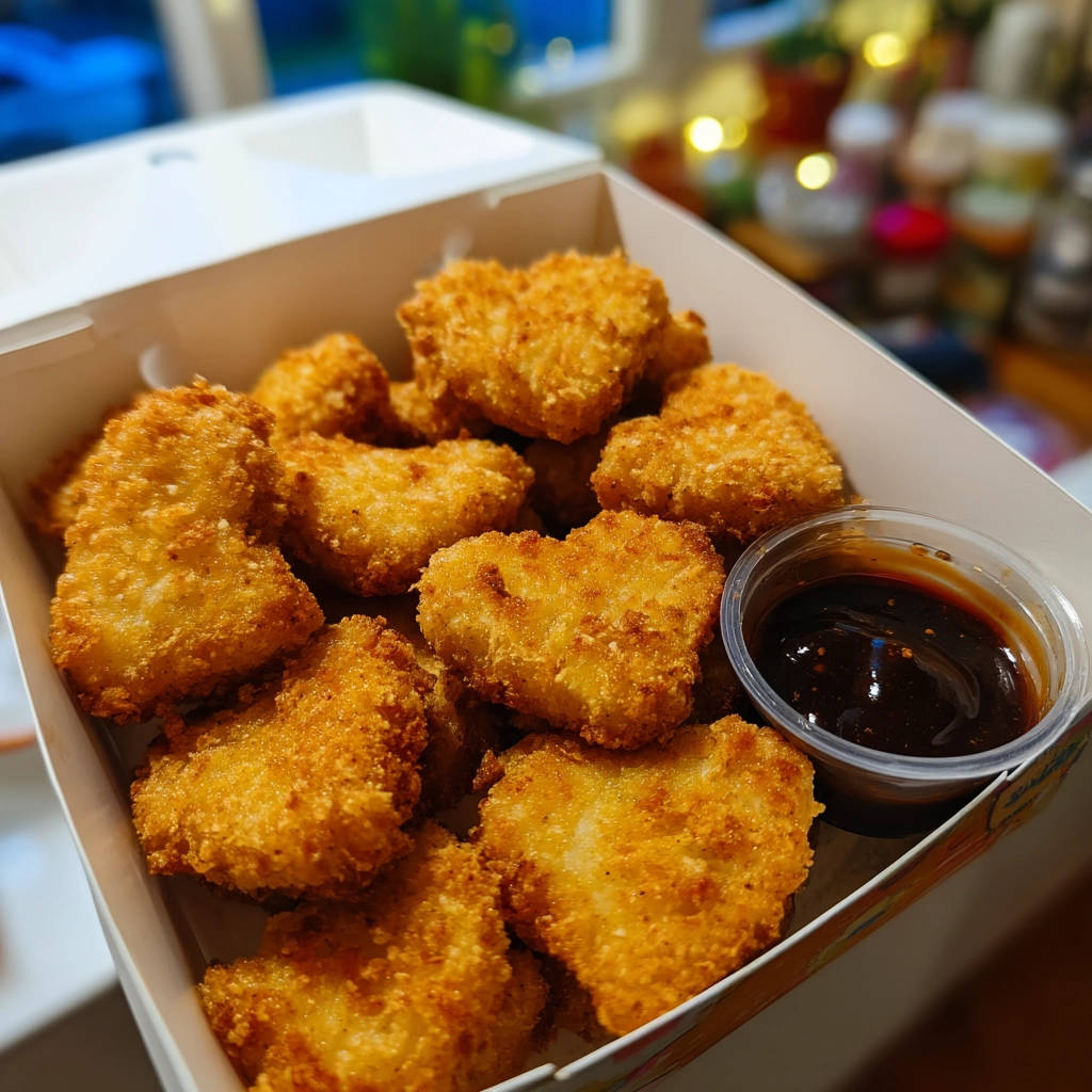 Crispy chicken nuggets in a heart shape served in a box with a side of dipping sauce.