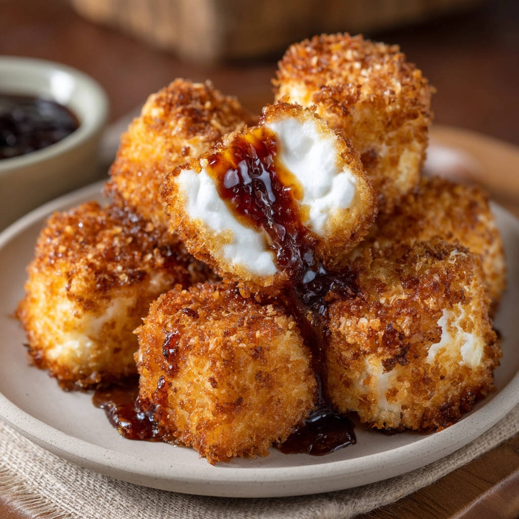 Crispy fried cheese bites with a sweet glaze shown in a close-up cross-section on a plate.