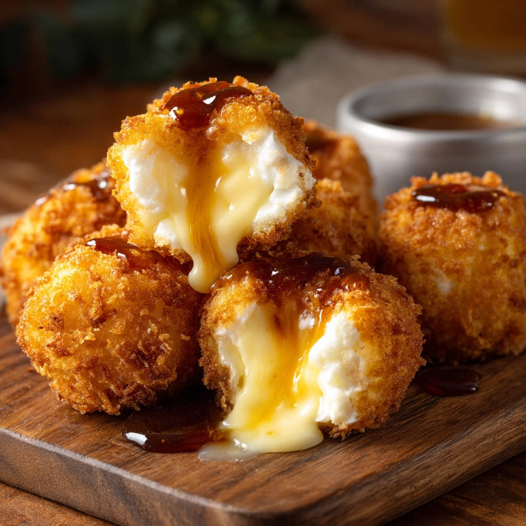 Crispy fried cheese bites revealing a molten, gooey cheese center drizzled with sauce.