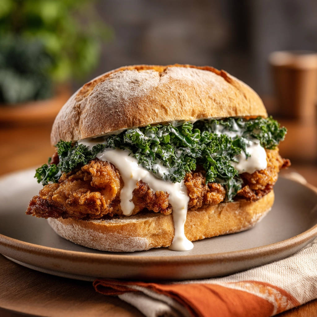 Amazing crispy fried chicken sandwich with kale and creamy sauce dripping down the side.
