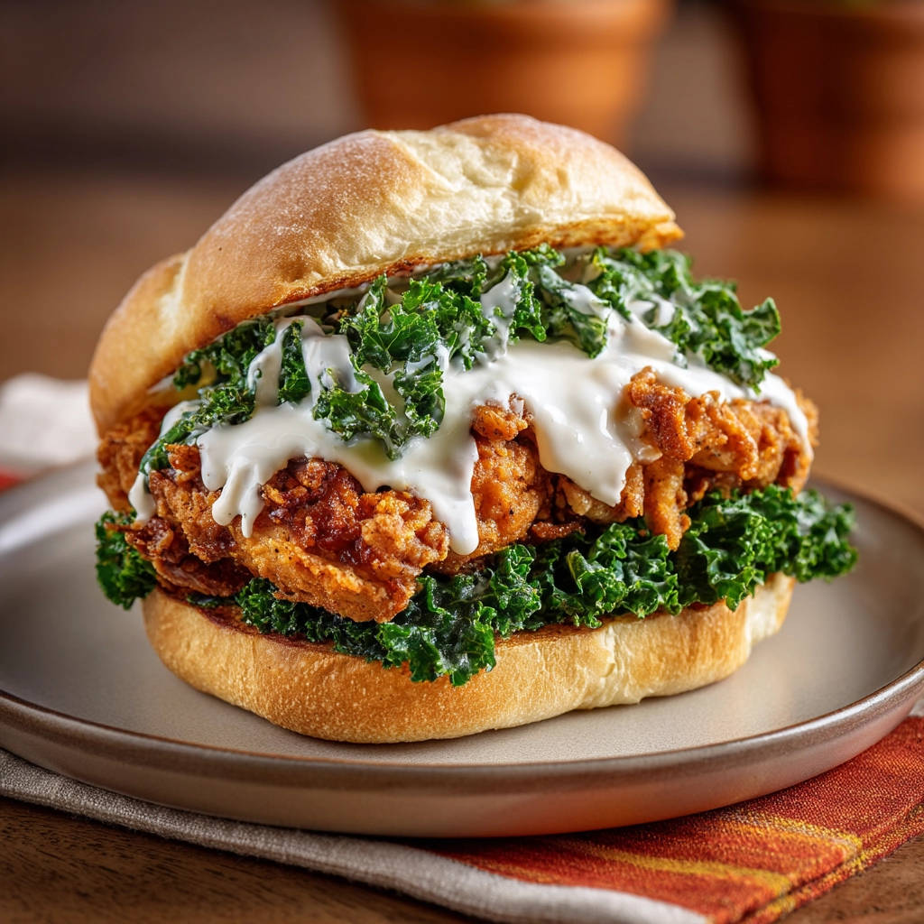 Amazing crispy fried chicken sandwich plated with fresh kale and creamy sauce on a bun.