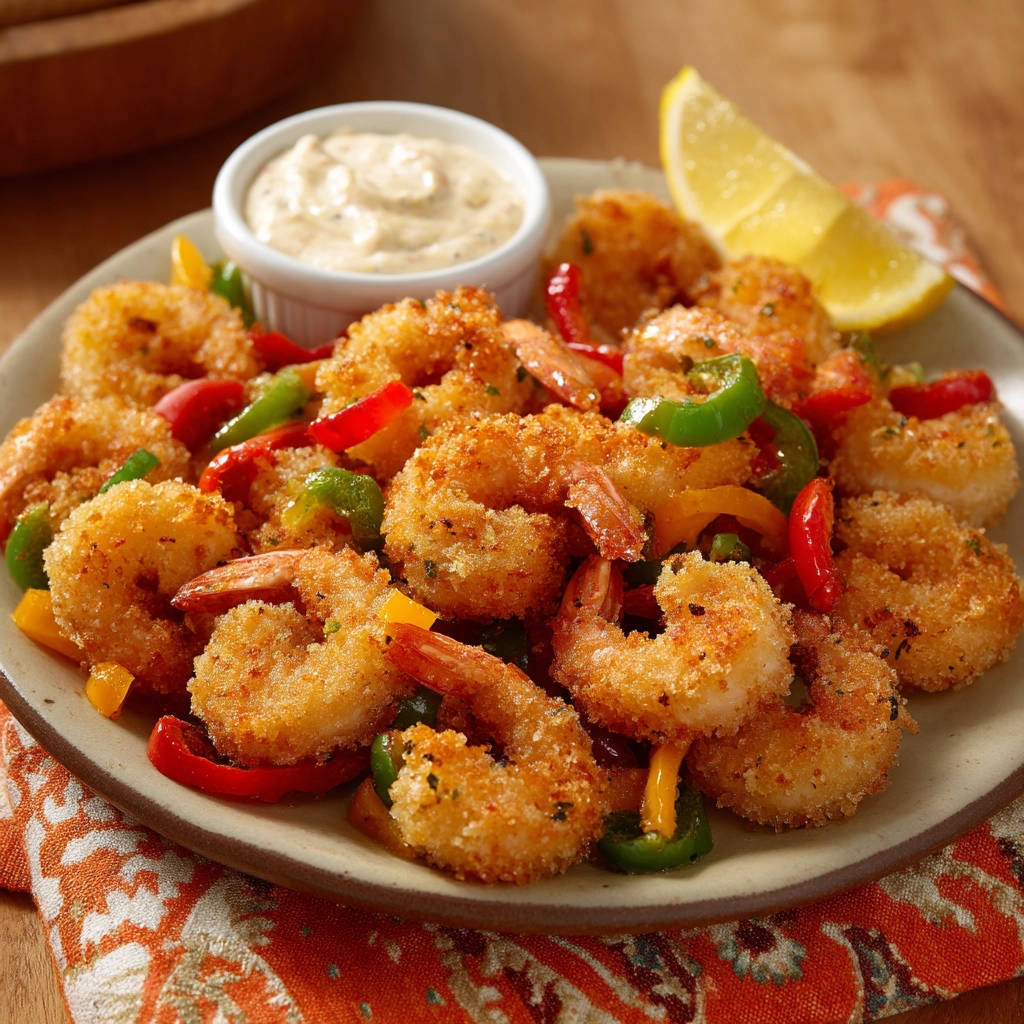 Crispy fried shrimp with peppers plated with a side of dipping sauce and a lemon wedge.